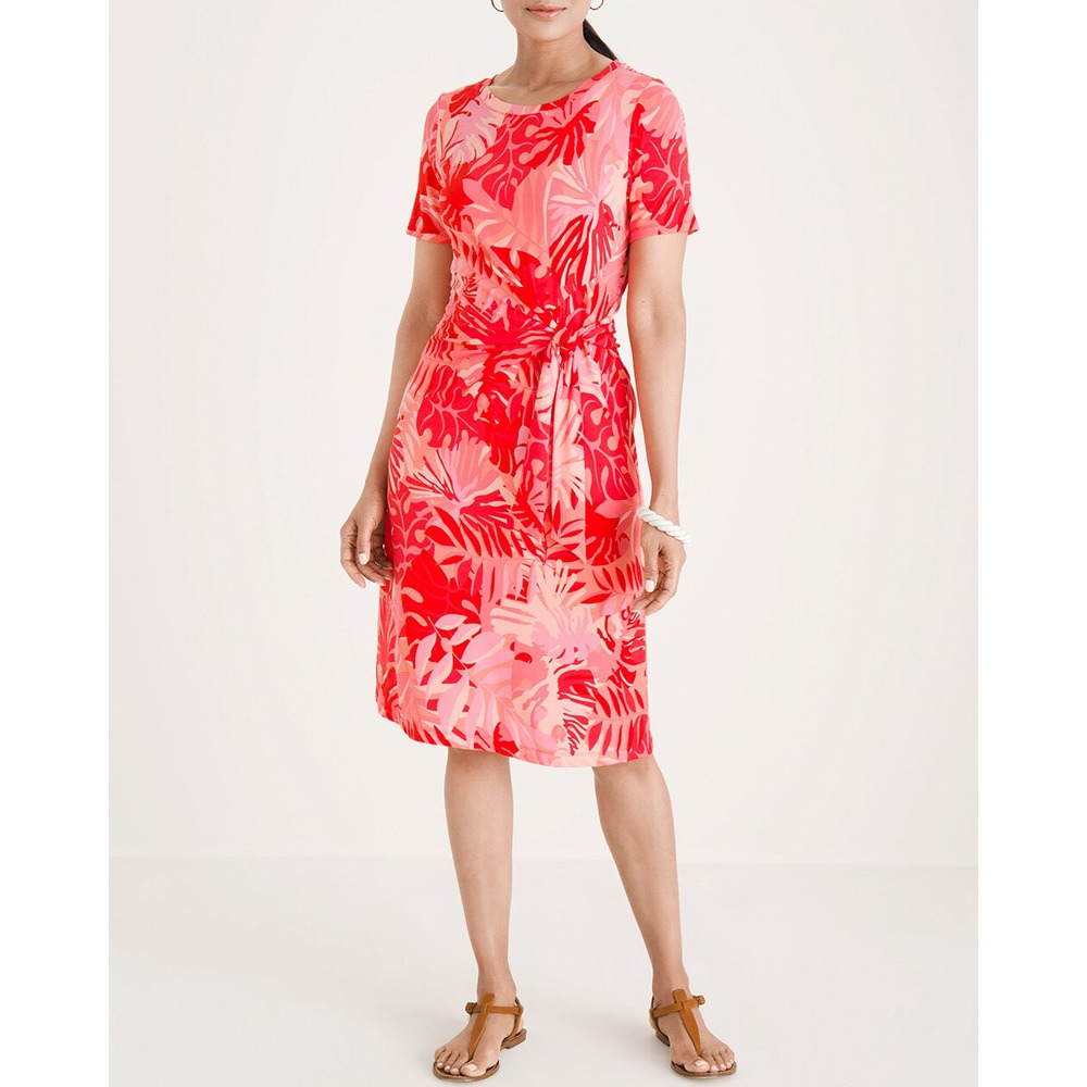 Chicos Womens Tropical-Print Side-Tie Dress Short Sleeve Knee Length Red Medium
